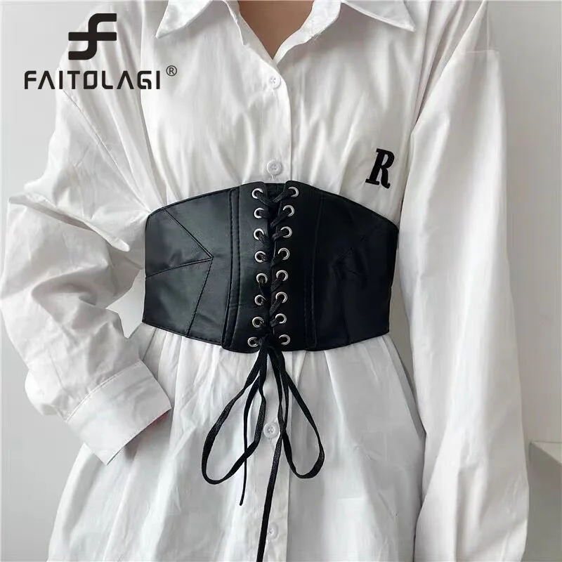 

New Black Wide PU Leather Waistband Corset For Women Lady Elastic Nylon Slim Body Girdle Belts Dress Coat Suit Decor Cummerbunds