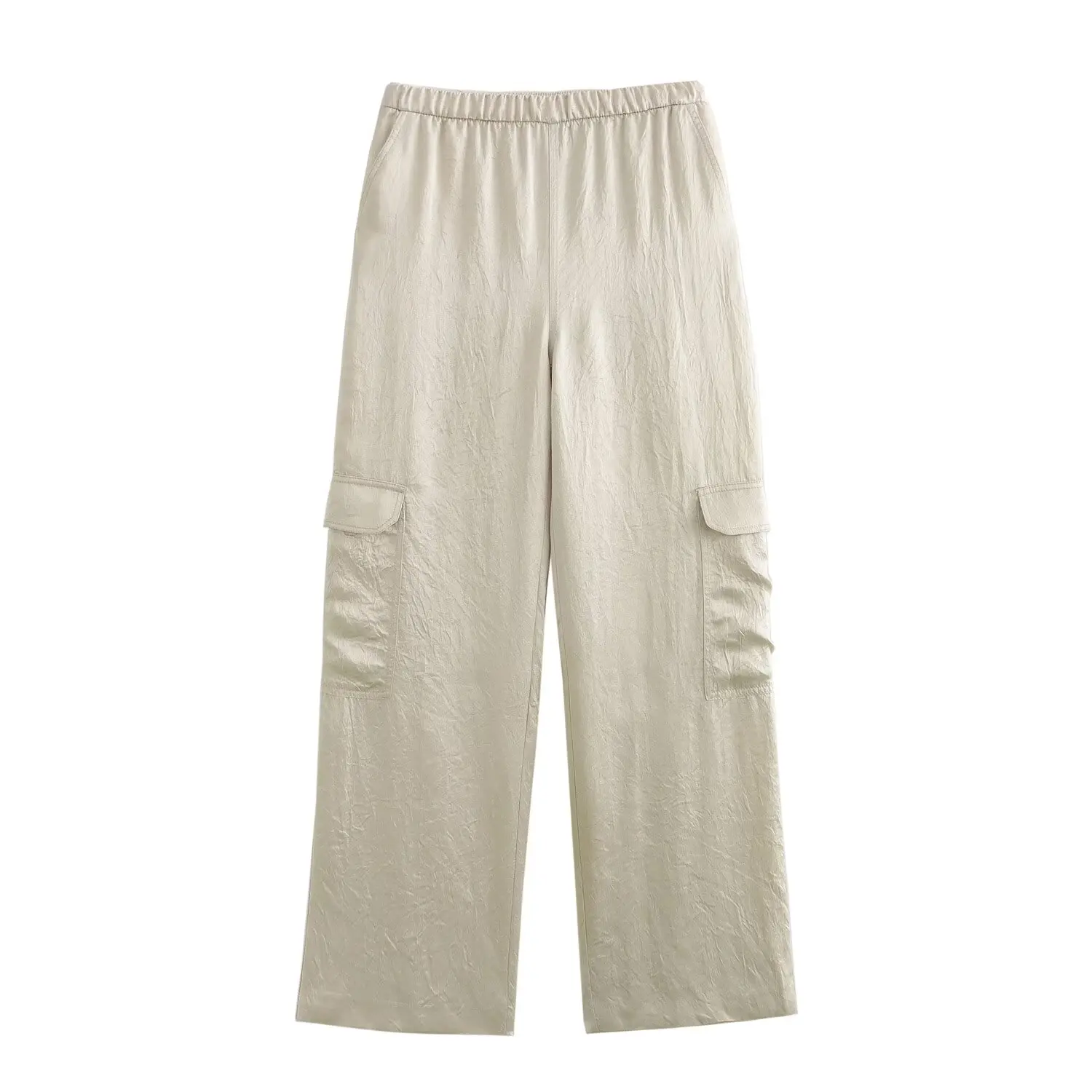 HH TRAF Pantalones cargo con textura de satén de seda versátiles a la moda para mujer, elegantes, con cintura elástica, con múltiples bolsillos, hasta el tobillo
