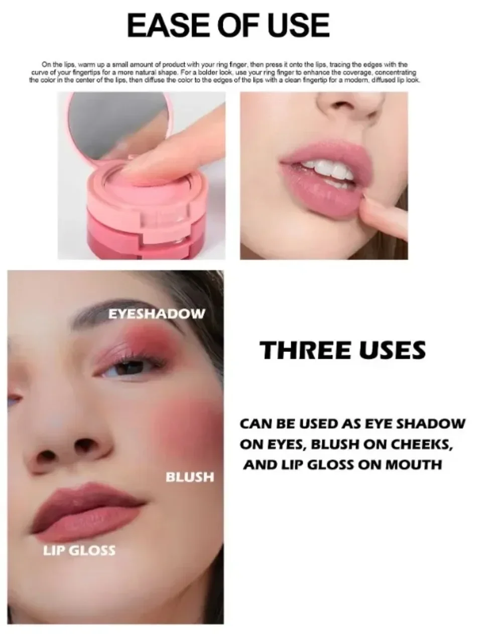 Blush Stick 3 in 1 Tinted Pink Cream Cheek Blusher Makeup for Lips Eyes Cheeks