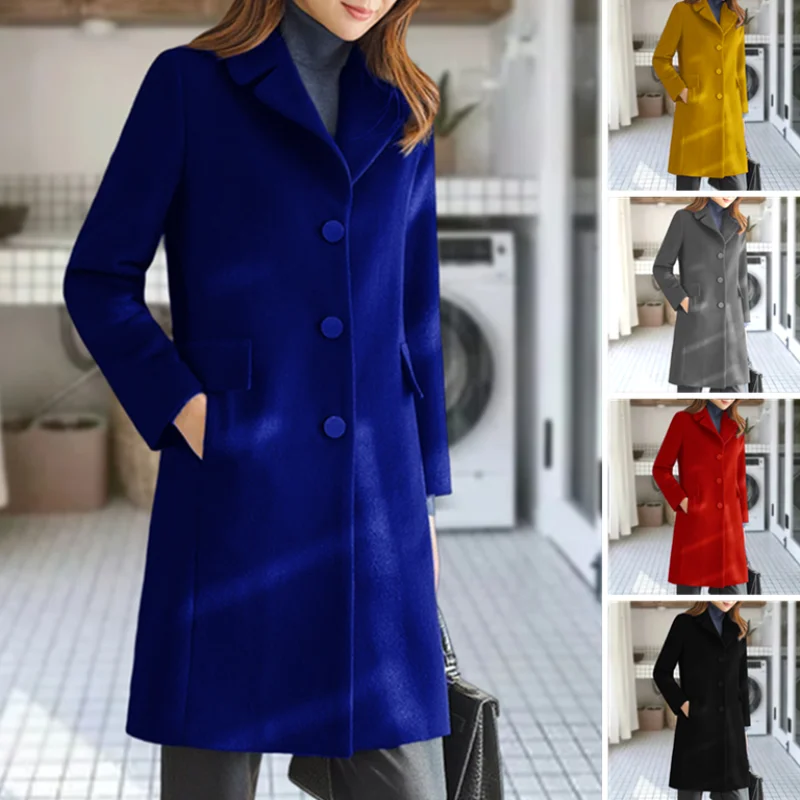 

Woolen Womens Coats Casual Single-breasted Pocket Coat Solid Colour Lapel Ladies Jackets Autumn and Winter With Preferred S-3XL
