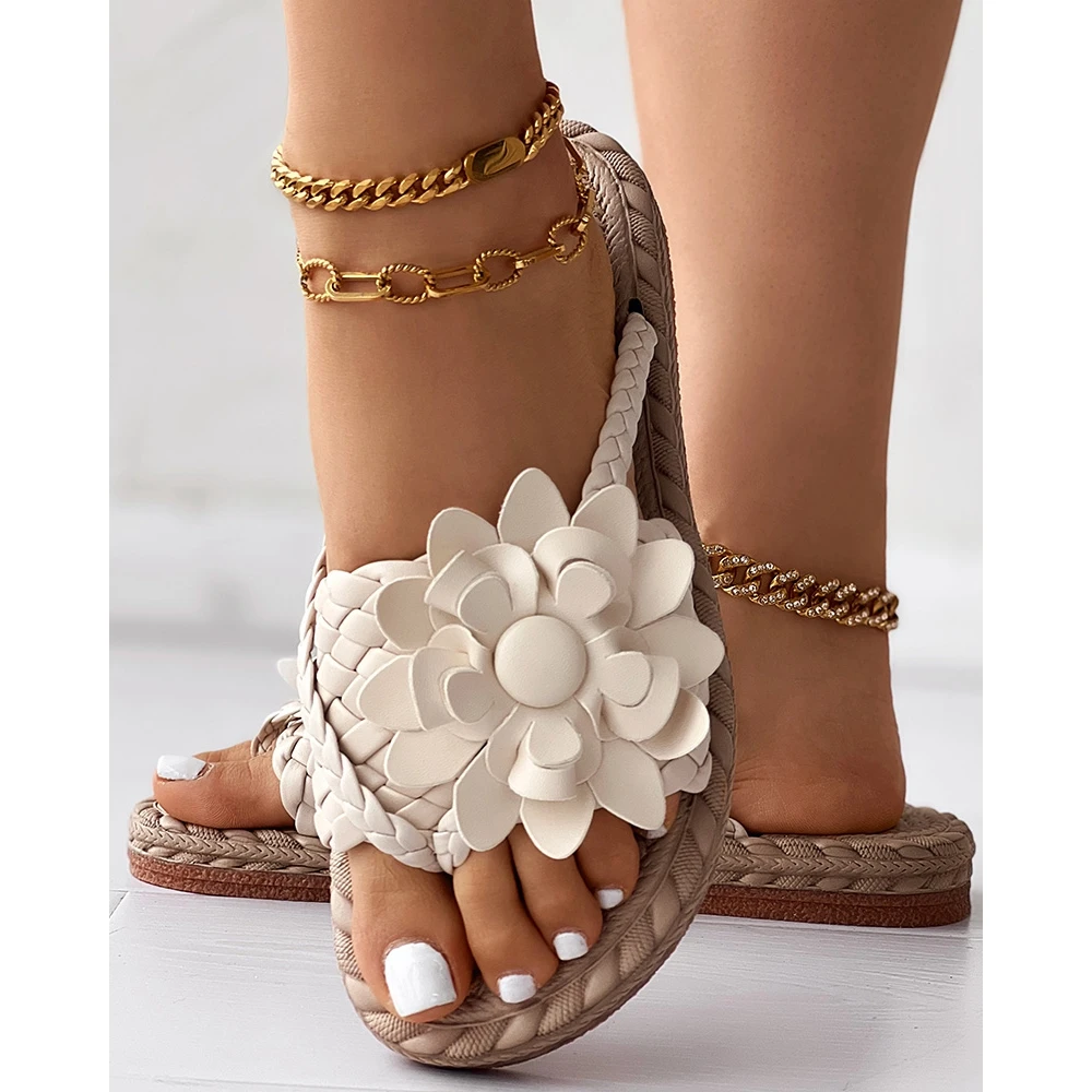Fashion Women Beach Flip Flops Lady Summer Casual Going Out Braided Floral Pattern Toe Post Design Sandals Beach Shoes Party