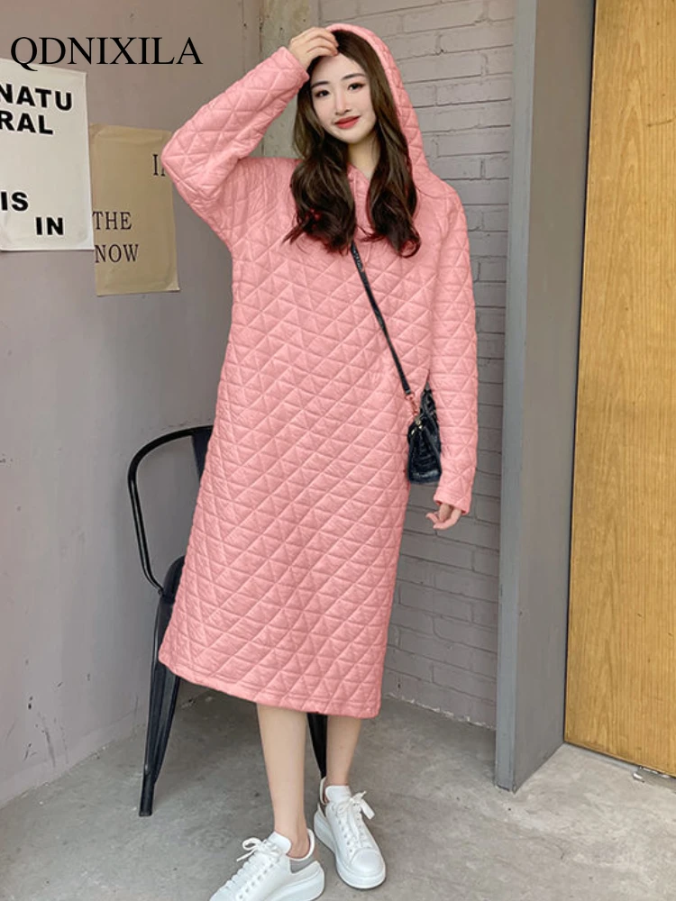 

Korean Fashion Loose Women's Dress Autumn New Casual Diamond Plaid Long Sleeve Straight Skirt Plus Size Long Dresses for Women