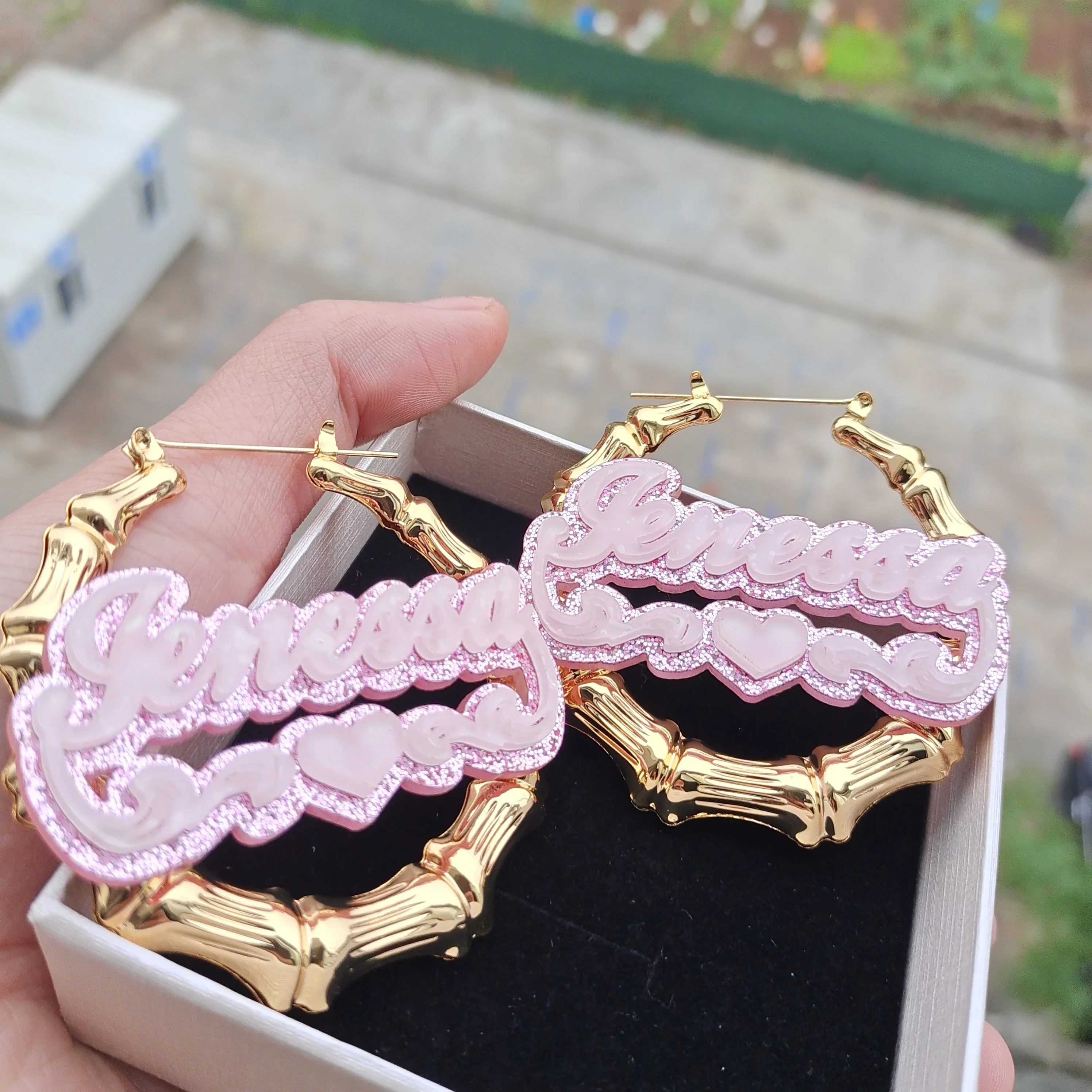 Custom Name Earrings Necklace Set Personalized Acrylic Bamboo Hoop Earrings With Heart For Women Custom Nameplate