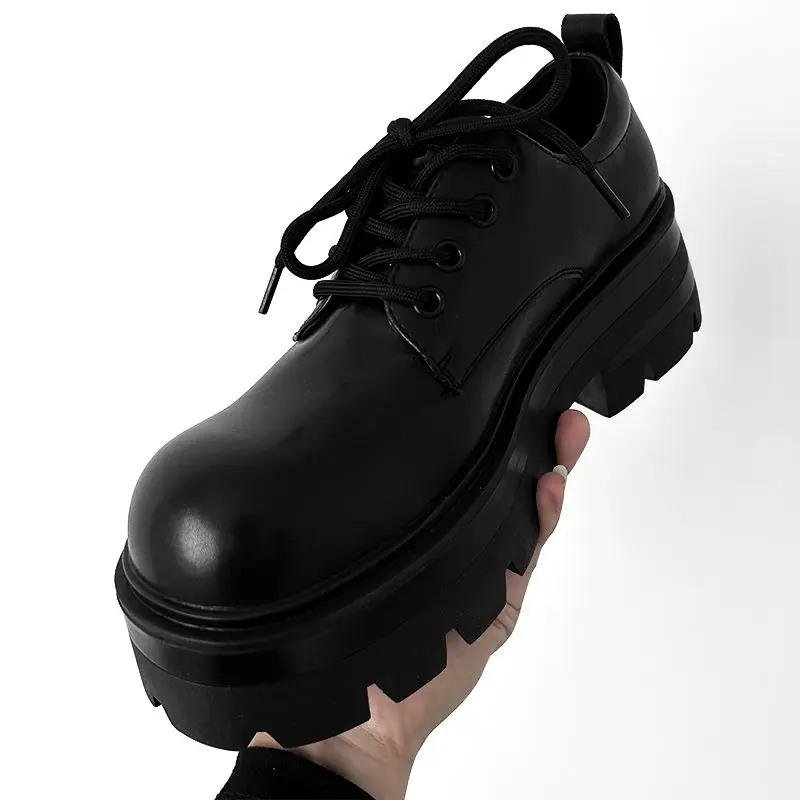 High-Grade 7cm Increased Derby Carbon Black Trendy Men's British-Style Thick-Soled Hair Stylist Big Head Leather Shoes