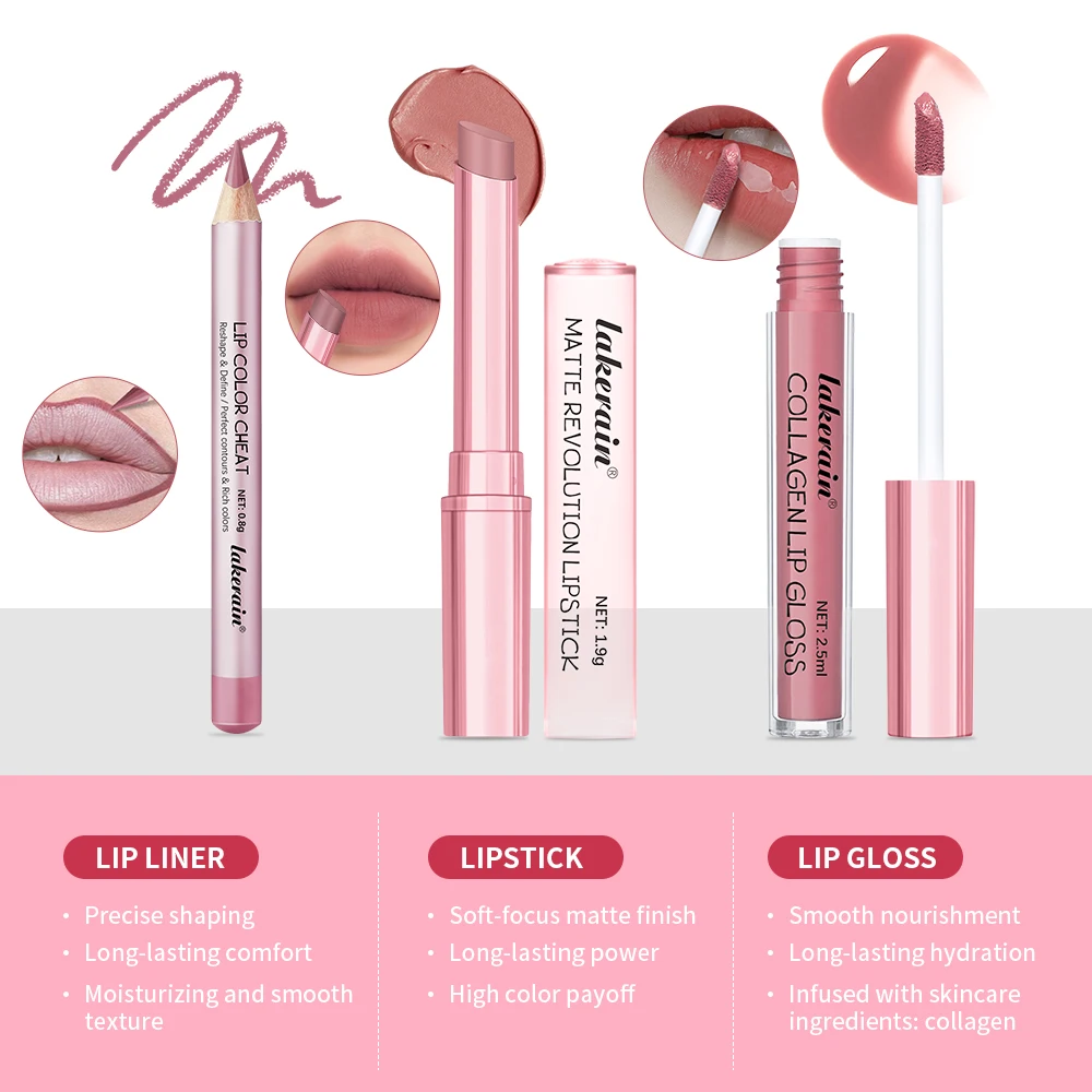 Lipliner&Lipstick Lip Gloss Set Waterproof Long Lasting Lip Makeup Matte Travel Mini Set Women's Makeup Cosmetics 3pcs/set