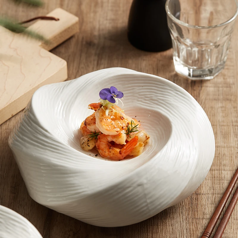 

White Ceramic Plate Insulation Plate Hotel Restaurant Fruit Dessert Salad Plate Artistic Conception Dishes Kitchen Tableware