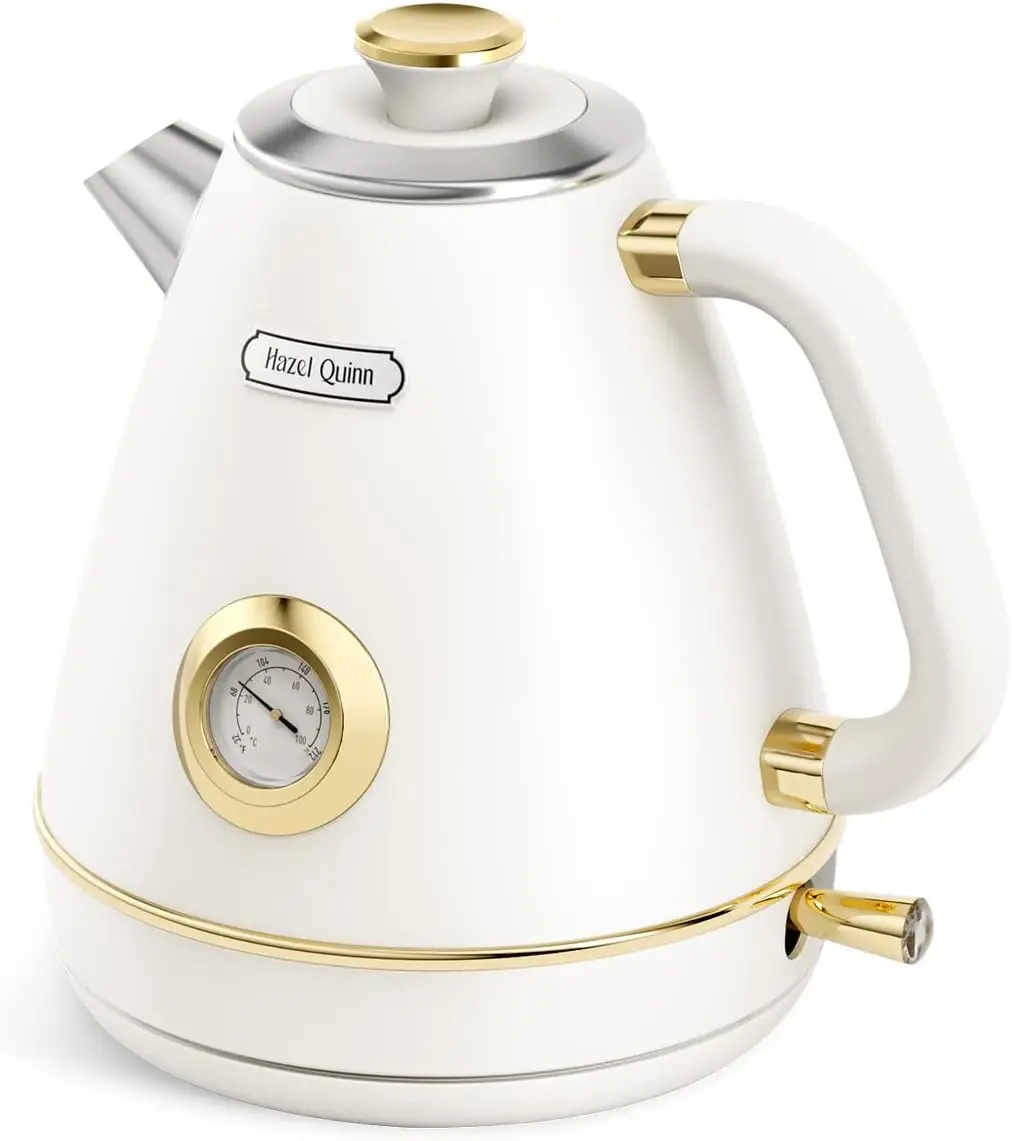 Quinn Retro Electric Kettle-1.7 Liters / 57.5 Ounces Tea Kettle with Thermometer, All Stainless Steel, 1200 Watts Fast B