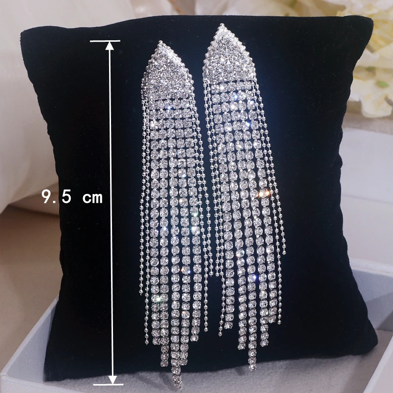 Long Crystal Tassel Earrings for Women Bridal Wedding Drop Dangling Earrings Evening Party Jewelry