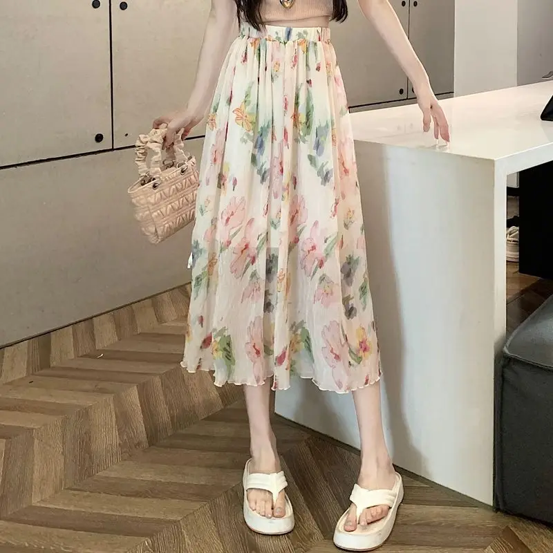 Fairy Broken Flowers A-Line Skirts Summer High Waist Elastic Women's Clothing Folds Stylish Split Drawstring Bow Midi Skirts New