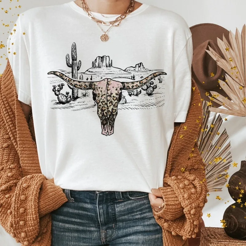 Western Shirts Boho Cow Skull T-Shirt Leopard Print Short