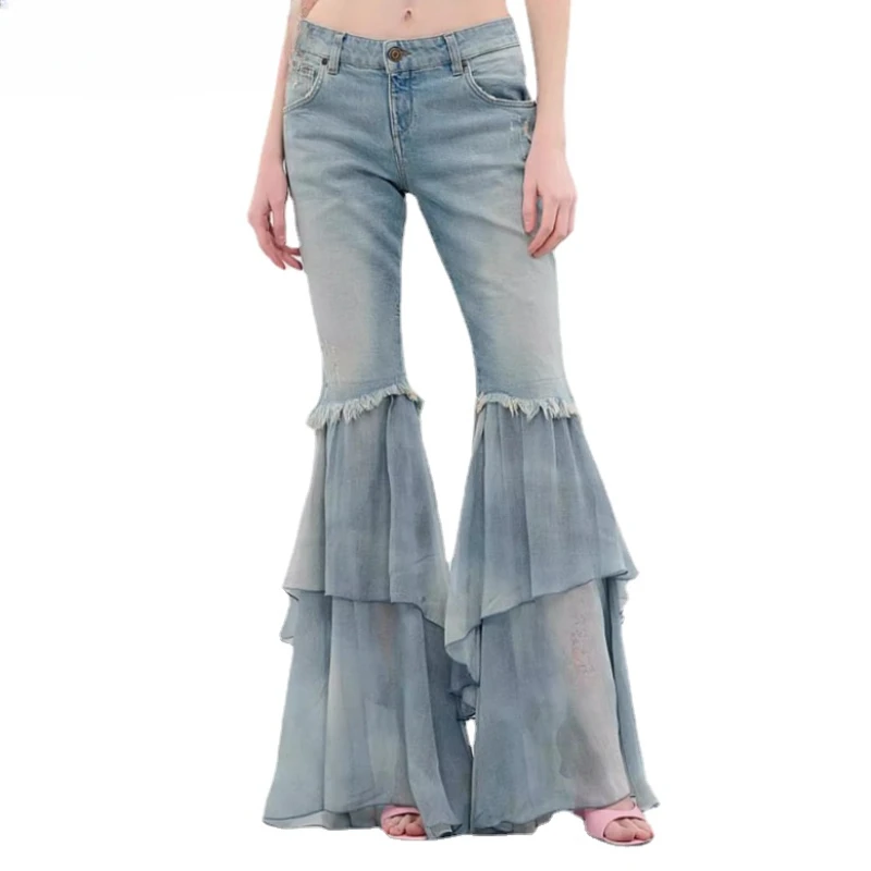 

2024 Spring Summer New Popular Sweet Denim Stitching Blooming Layered Chiffon Flare Trousers Ins Fashion Denim Pants Women Jeans