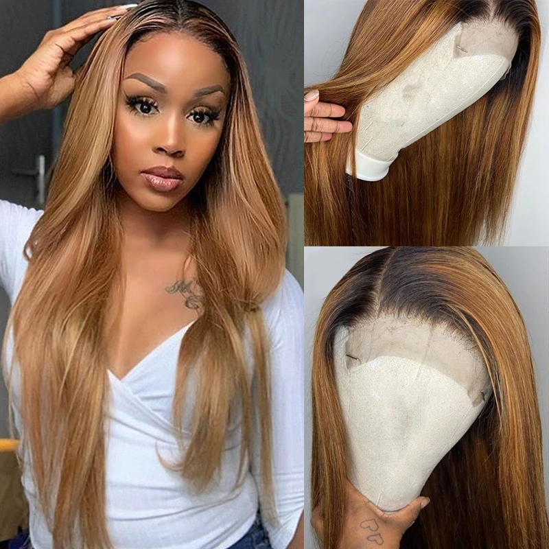 Ombre Honey Blonde Straight Lace Front Wigs Pre Plucked Bone Straight Lace Frontal Human Hair Wigs for Women with Baby Hair