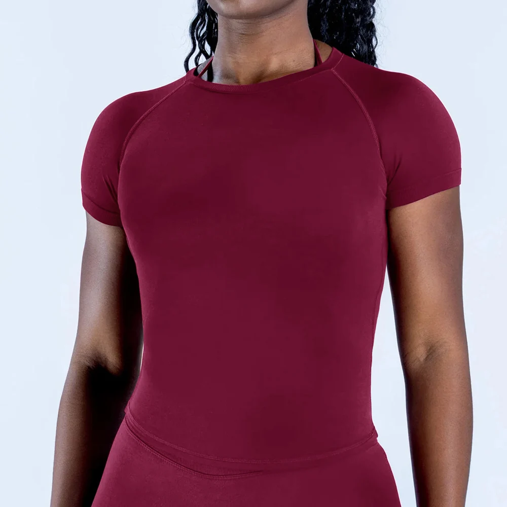 임팩트 반팔 요가탑 여성 운동복 짐 크롭탑 슬림핏 라운드넥 요가셔츠 심리스 스포츠 스트레치 셔츠