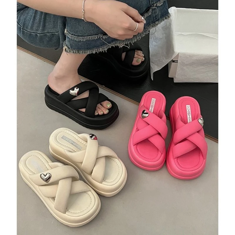 2023 EVA Thick Sole Women's Slippers 7cm Matsutake Bottom Elevated Anti Slip Solid Color Slippers for Casual Outwear Slippers