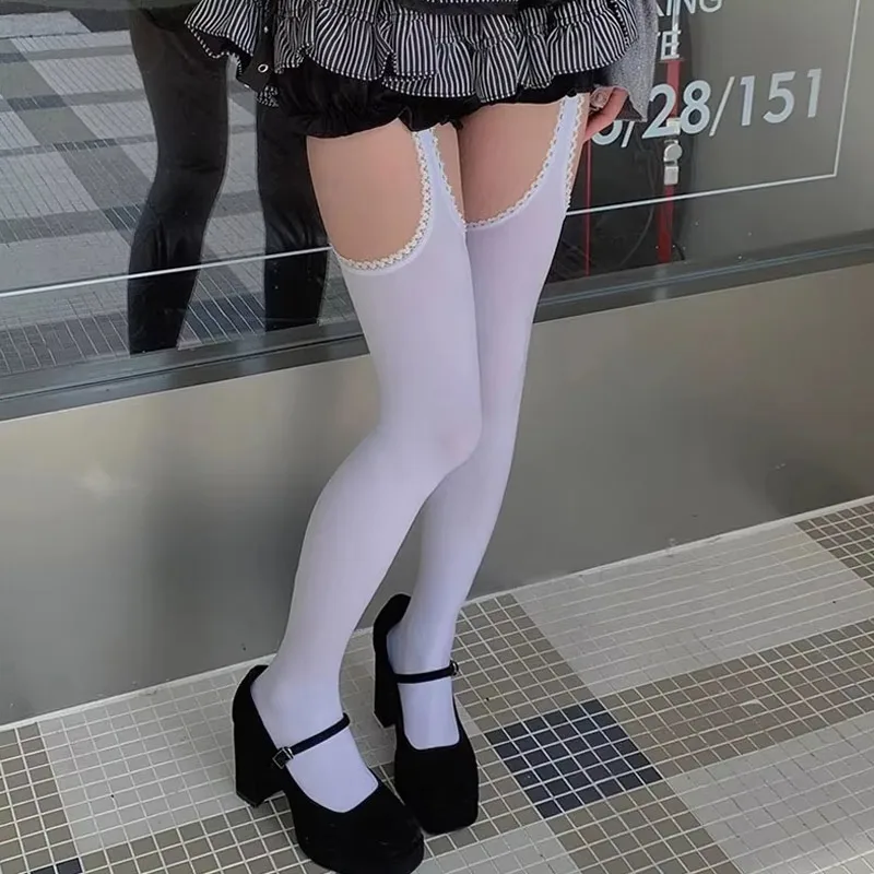 Weiße sexy Damenstrümpfe mit Gürtel, Hosenträger, breitbandige Strumpfhosen, Lolita-Oberschenkelstrümpfe mit Strumpfbändern, Overknee-Socken – Detail 2