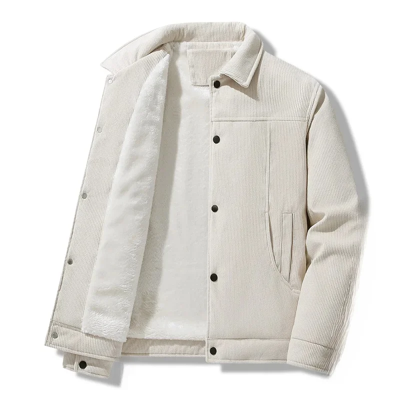 سترة سروال قصير مبطنة بالصوف السميك للرجال نمط عمل غير رسمي مع ياقة ملابس خارجية للخريف والشتاء لمنتصف العمر