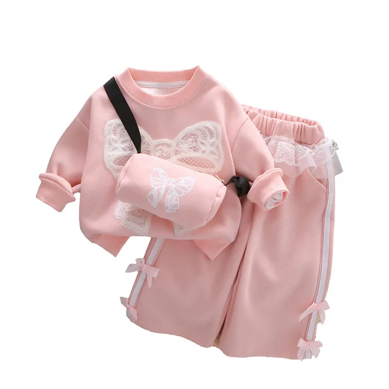 Girls Autumn Hoodie Set Lace Bow Pullover Pants