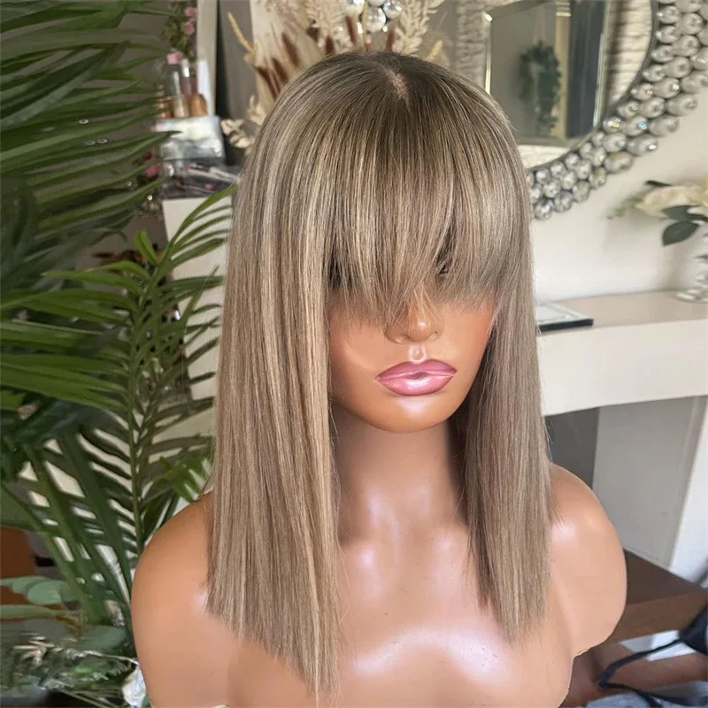 Peluca-de-cabello-Natural-Real-con-flequillo-cabello-humano-corto-Bob ...