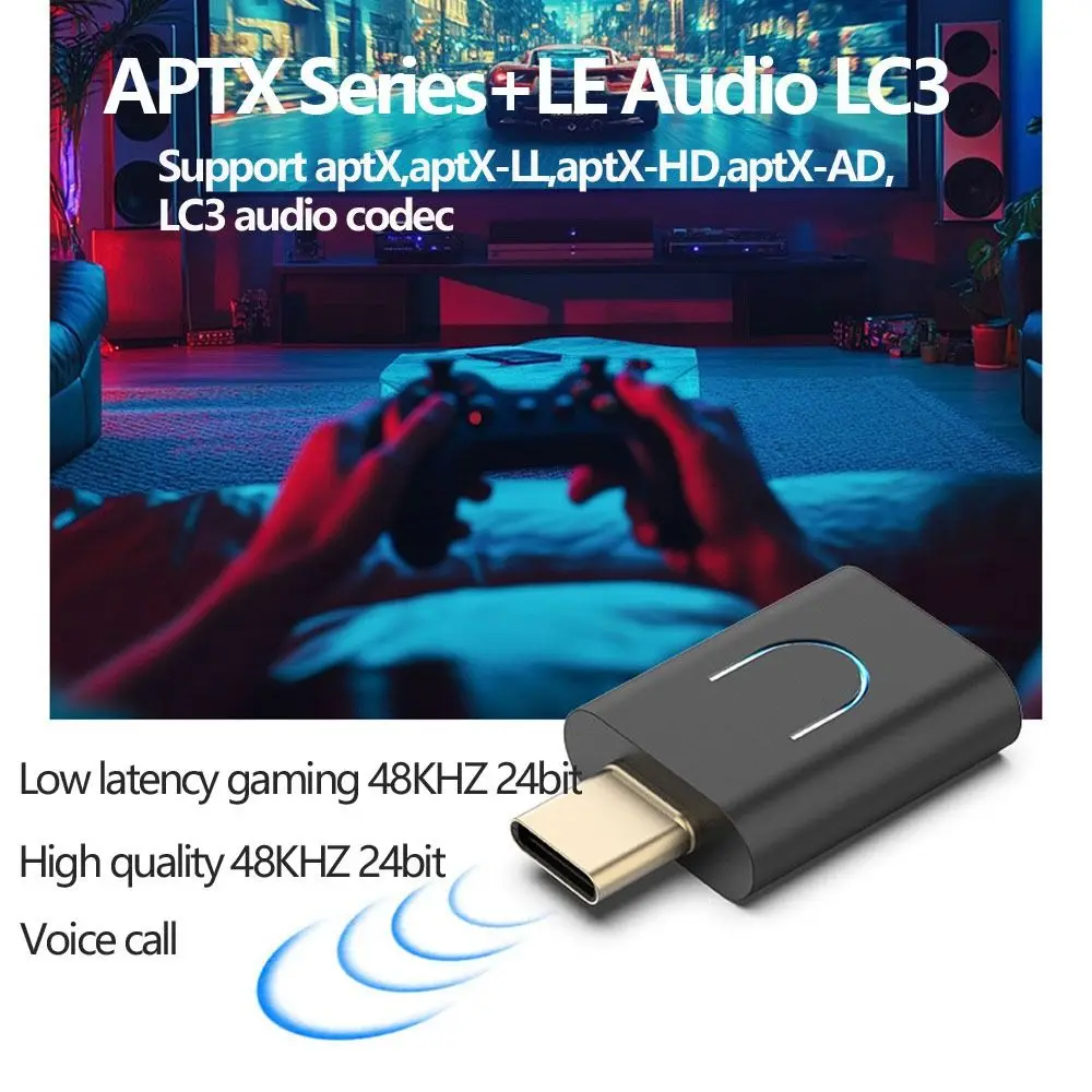 Auracast 블루투스 5.4 오디오 송신기 aptX-LL/HD 저지연 타입-C 무선 스테레오 어댑터 LC3 LE 오디오 송신기