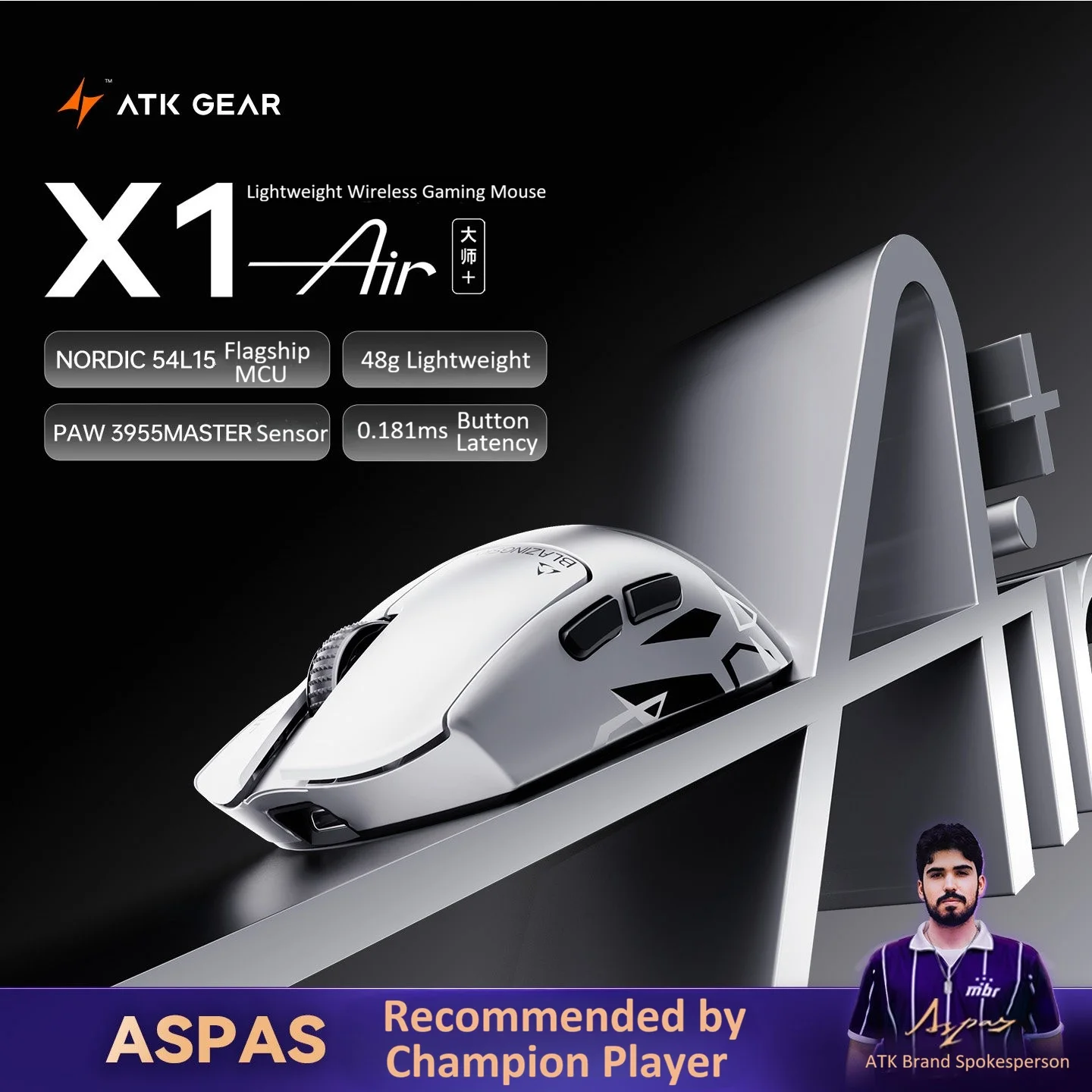 ATK 블레이징 스카이 X1 에어 플러스 PAW3955 마스터 듀얼 8K 48g 무선 게이밍 마우스 850IPS 75G 경량 인체공학적 듀얼 모드 0.163ms