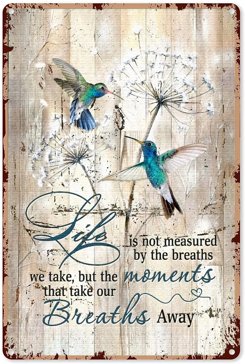 

Eeypy Bird Wall Art Life is Not Measured by The Breaths Hummingbird Dandelion Tin Sign Decoration Vintage Chic Metal Poster Wall