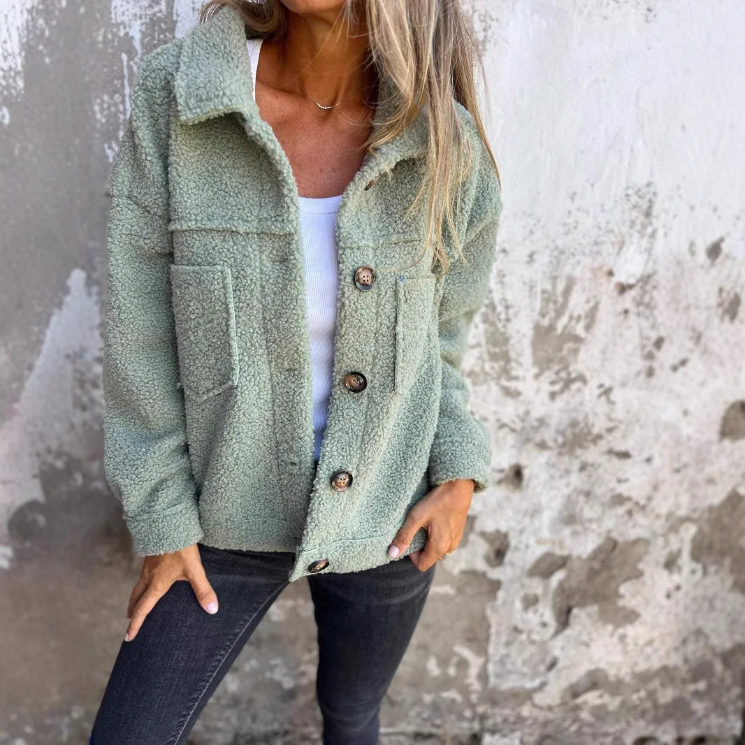 Women Autumn Winter Fleece Coat Long Sleeve Button Pocket Outwear