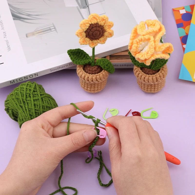 KRABALL Flowers Plant Potted Crochet Knitting Kits With Yarn Thread,Hook,Markers,Instructions,For DIY Beginners Knit Tool Set