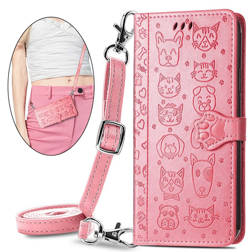 Cute Cat Dog Leather Crossbody Wallet Flip Case with 3 Card Slots