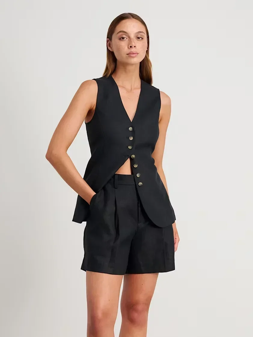 Bronladies Cotton And linen Chic Casual Vest Shorts Set Women's Summer New Fashion Commuter Sleeveless Tank Top Shorts Suits 4