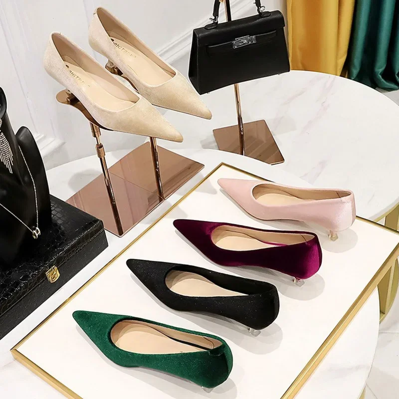 Women 4.5cm High Heels Versatile Apricot Pink Party Pumps Lady Fashion Pointed Toe High Heels Female Concise Velvet Daily Shoes 2