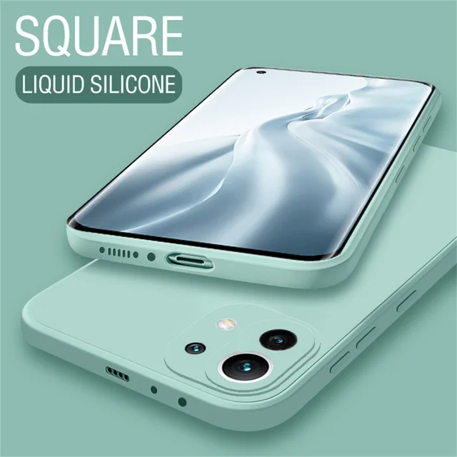 Original Square Liquid Silicone Case for Xiaomi Mi 11 11T 11X Pro Ultra Lite NE 5G Protection Back Cover Mi11 T 11Lite 11i Funda Light Green