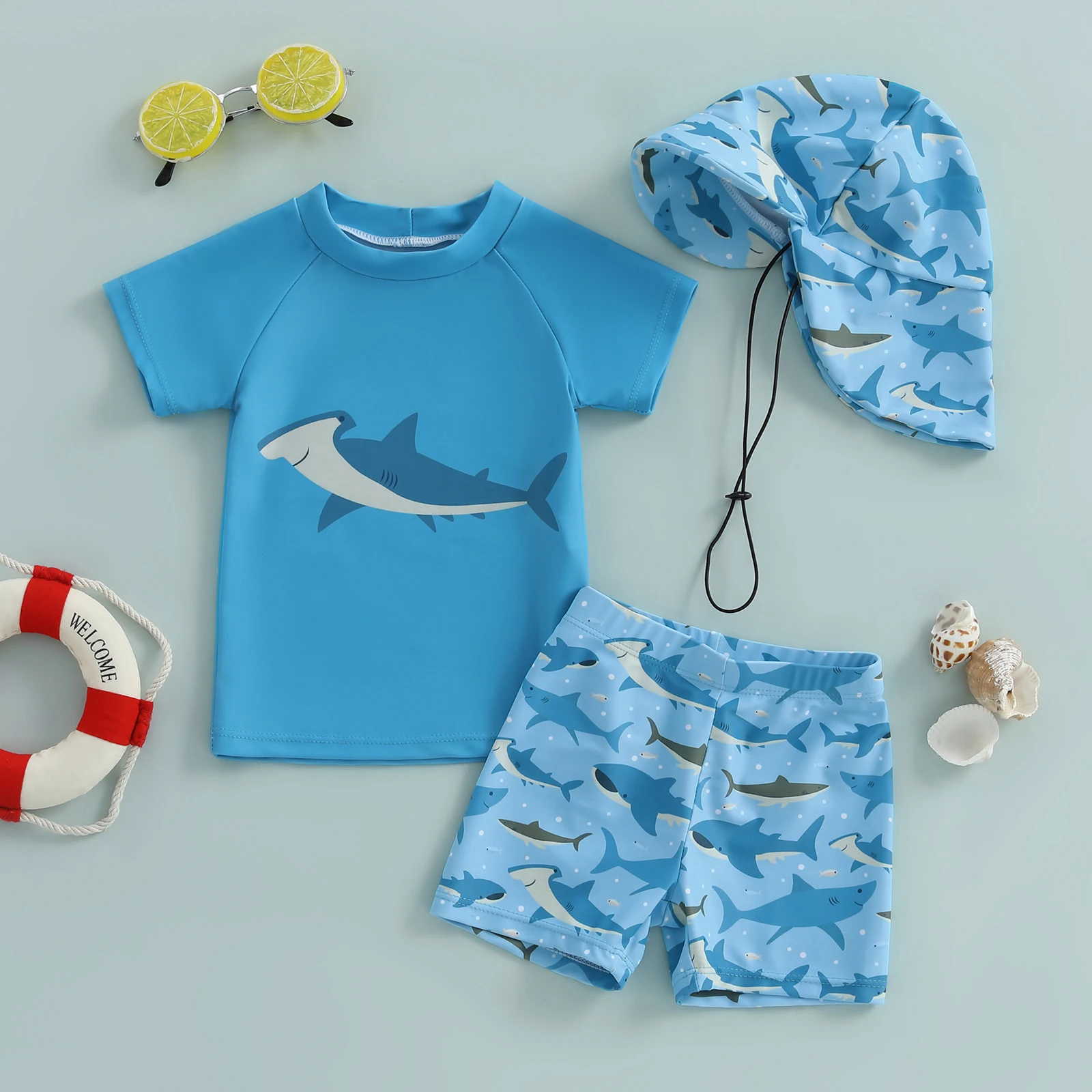 Infant Boys Summer Swimwear Fashion Children Swimsuit Shark/Duck Print Short Sleeve Bathing Suit Swim Hat 3 Pcs Set
