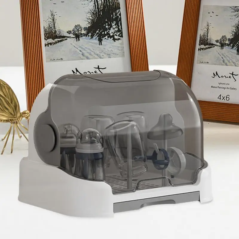 Baby Bottle Drying Rack with Toddler Bottle Storage Box Dustproof with Removable Drip Tray Countertop Rack
