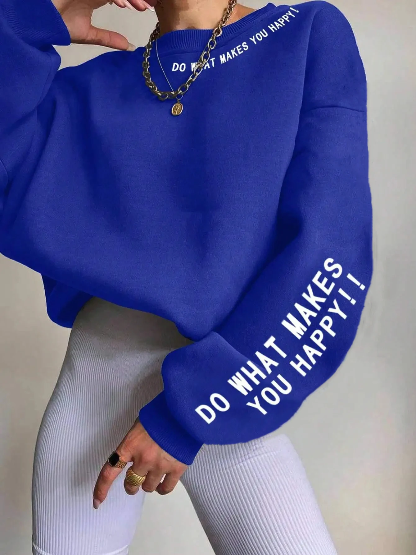 Tun Sie, was Sie glücklich macht. Briefdruck-Sweatshirt für Damen, Straßenpullover, warme, weiche Hoodies, lockere Fleece-Damenbekleidung mit Rundhalsausschnitt – Detail 3