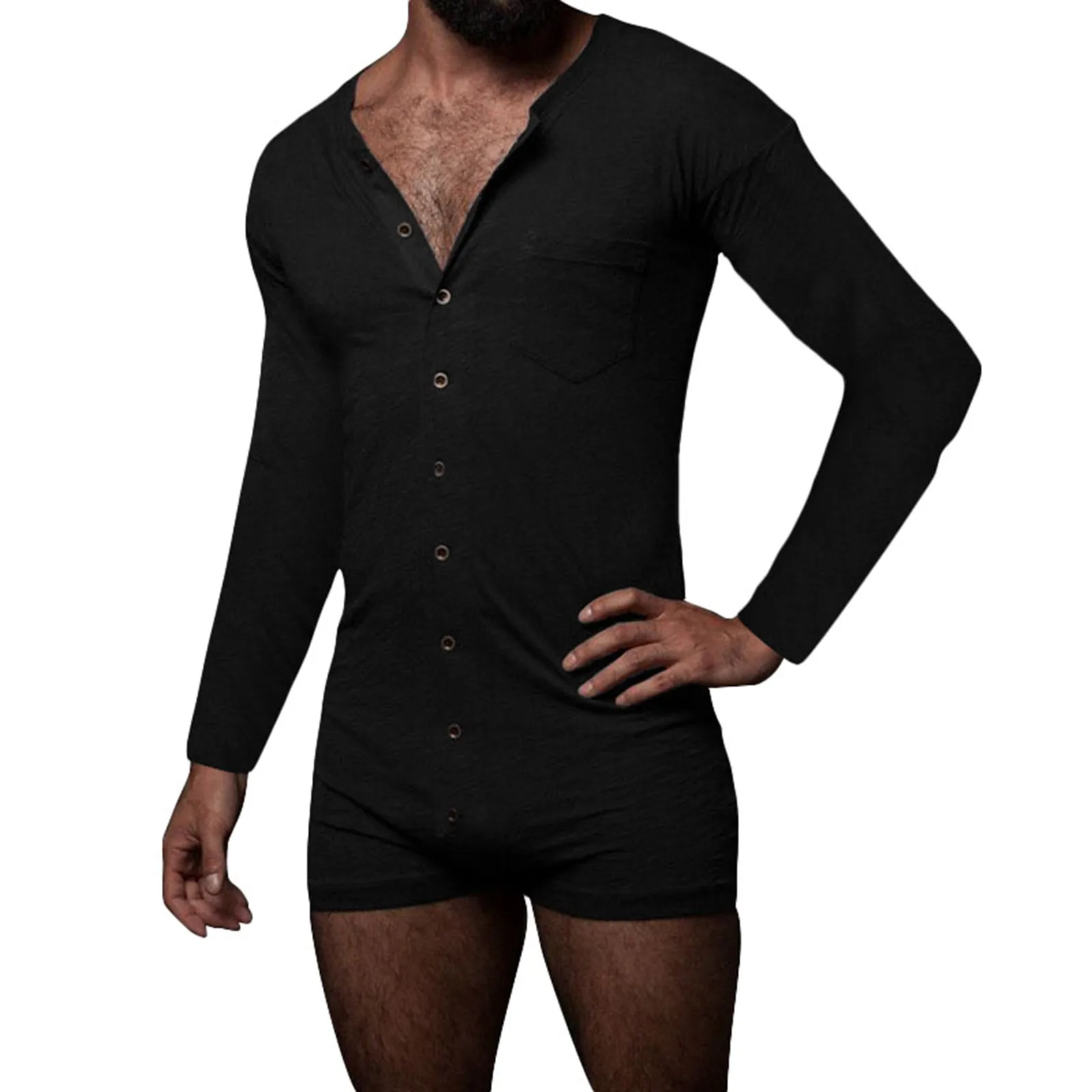 Men's Fashion Jumpsuit Sexy Solid Color Breasted Long Sleeve Shorts Button Jumpsuits Loose Rompers Men Trousers Clothing