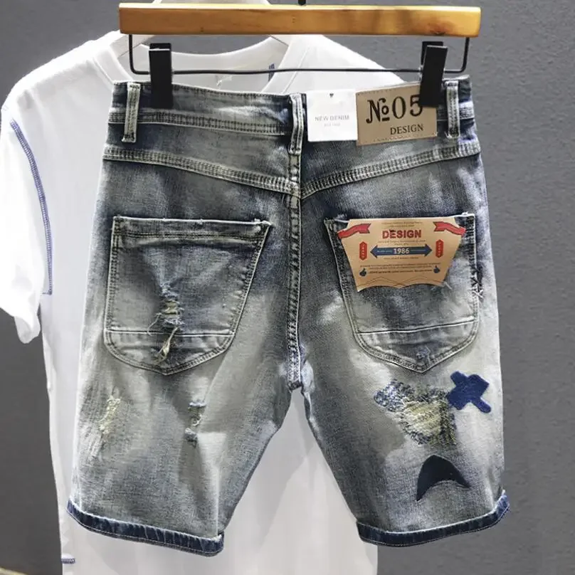 Men Denim Shorts Stretch Holes Casual Cotton Summer Man Thin Elastic Fit men jeans mens jeans jeans trousers denim trousers mens casual trousers