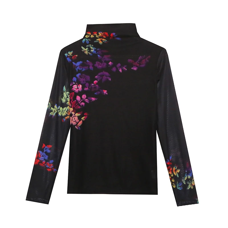 Faionable High Collar Me Base irt Long Sve Women's T-irt Print Street Sle Slim Fit Winter Plant Floral Mom Top