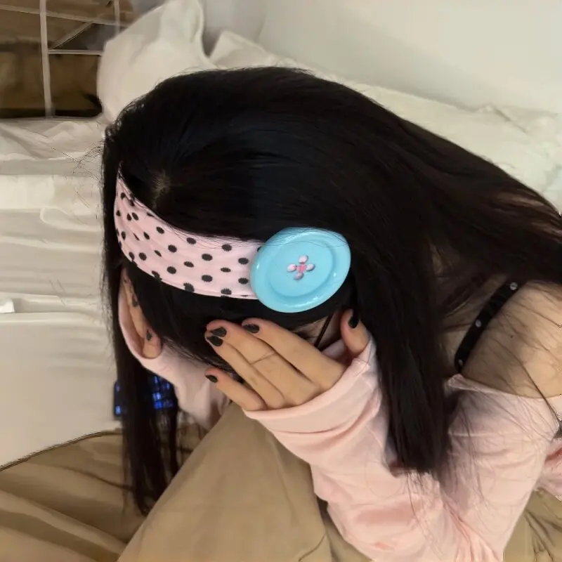 Vintage Women's Polka Dot Button Headband Spicy Girl Ins Y2K Japanese Trendy Headband Sweet Cool Sports Yoga Headband 2