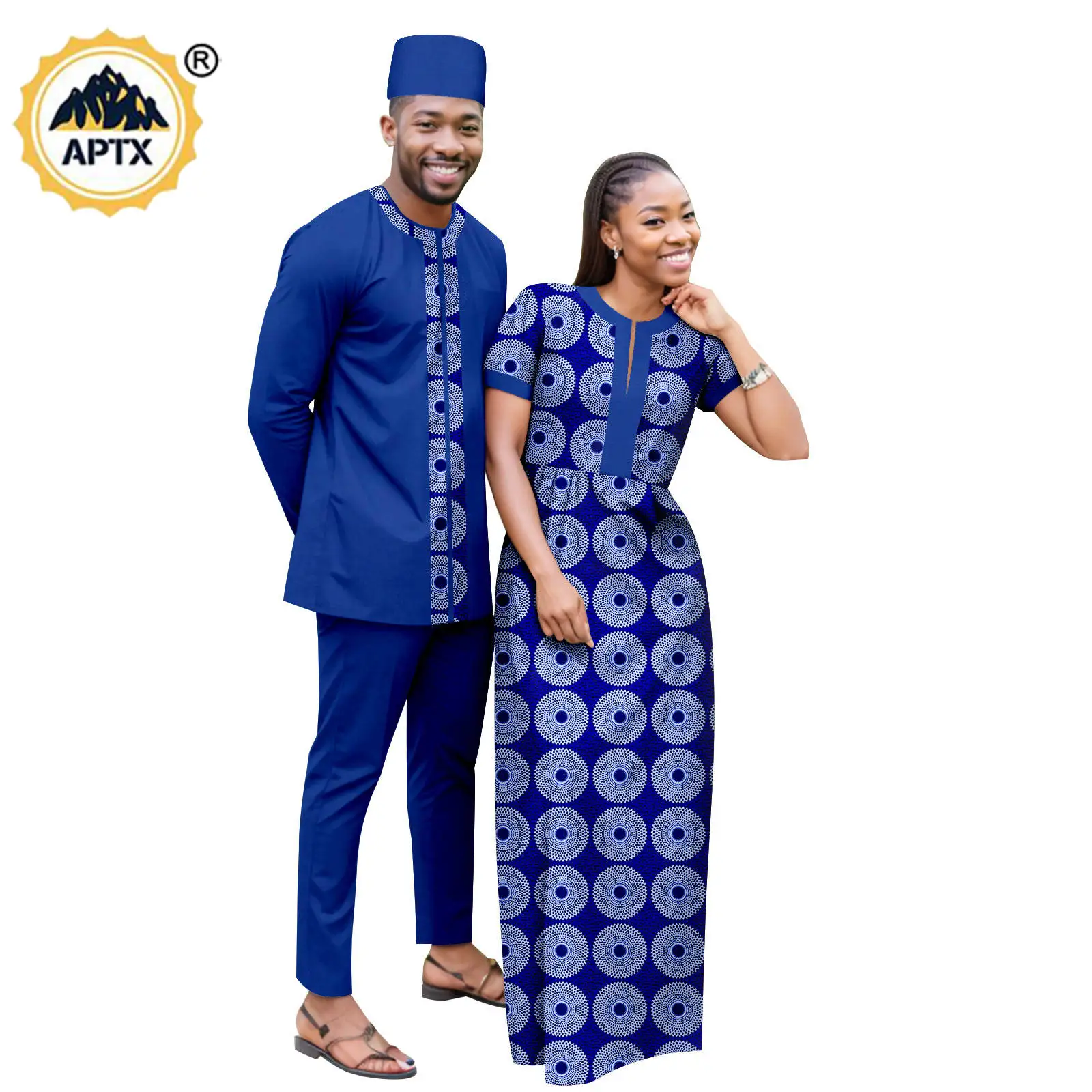 Dashiki African Clothes Print Long Dresses for Women Matching Couple Outfits Bazin Riche Men Hat Top Tee and Pant Sets Y23C119