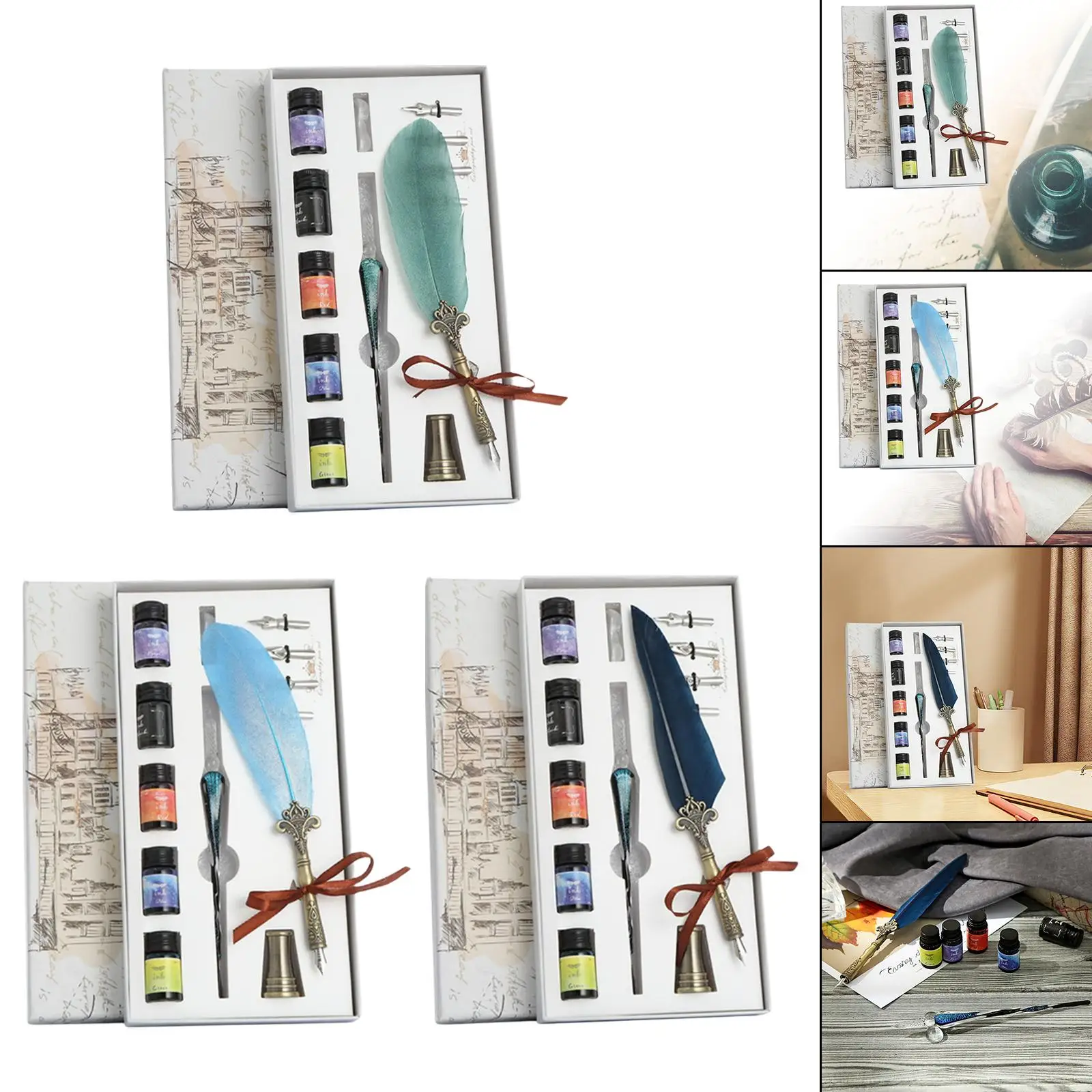 Vintage Style Feather Pen Set Calligraphy Writing Quill Pen with Holder, Ink and 4 Replacement Nibs Box Gifts