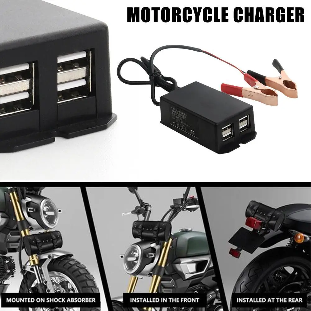 

DC Power Adapter with Battery Clip 12V Vehicle USB Charger for Cellphone 4 Ports Automatically Identify Shunt Charging