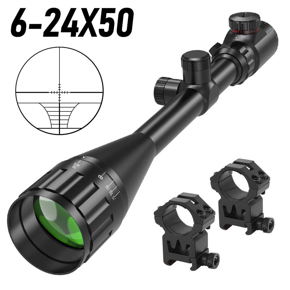 6-24x50 Hunting Rifle Scope Red & Green Illuminated Rangefinder Reticle Long-Range Shooting Tactical Optics Sight Airsoft Hunt