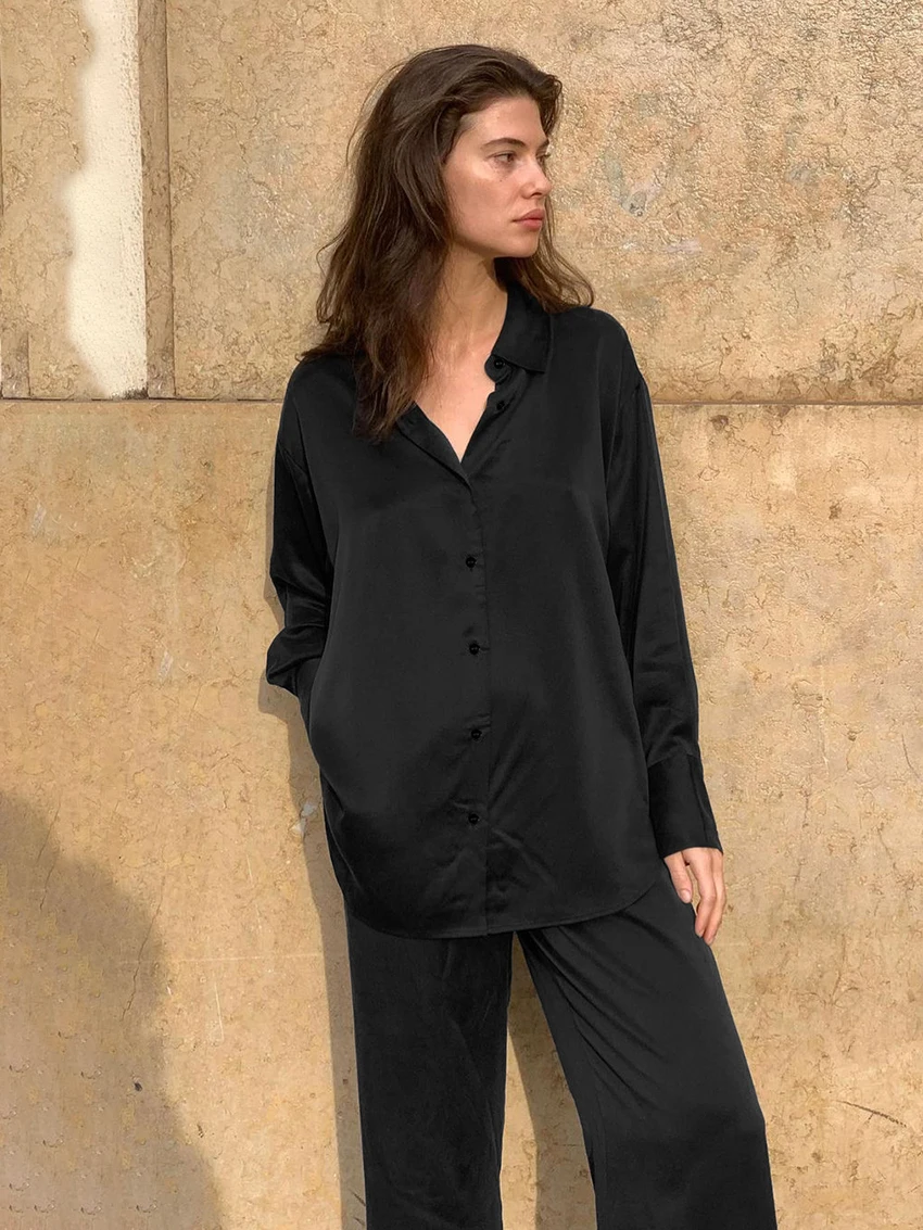 Marthaqiqi Winter Loose Female Nightwear Suit Long Sleeve Nightgowns Turn-down Collar Sleepwear Pants Casual Ladies Pajamas Set