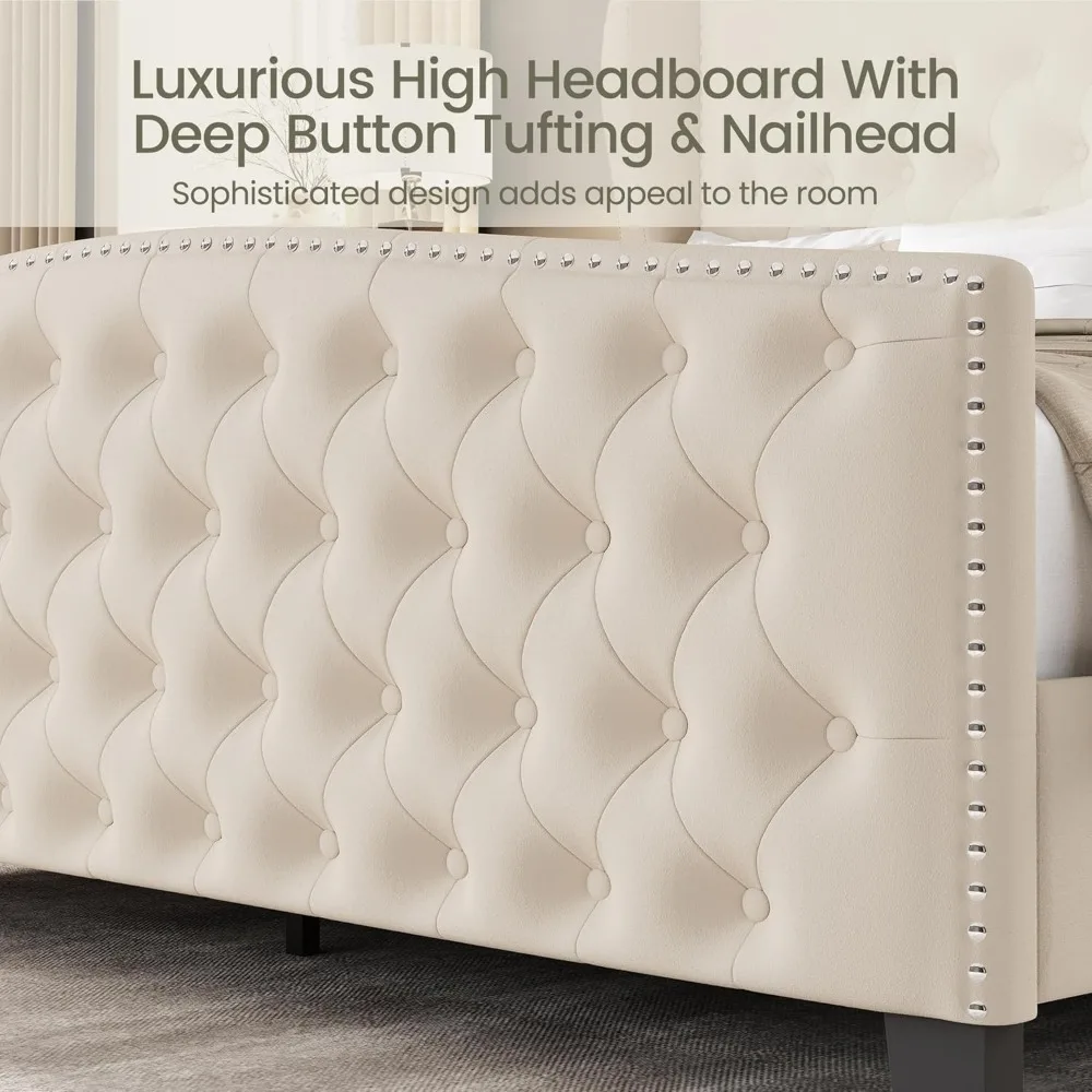 King Size Bed Frame Velvet Upholstered Platform Beds with Wingback Headboard & Footbaord, Deep Button Tufted King Bed Frame 4