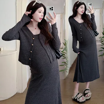 2025 New Style Maternity Dresses for Spring and Autumn High-End Maternity Knitted Cardigan and Vest Dress Two Piece Set