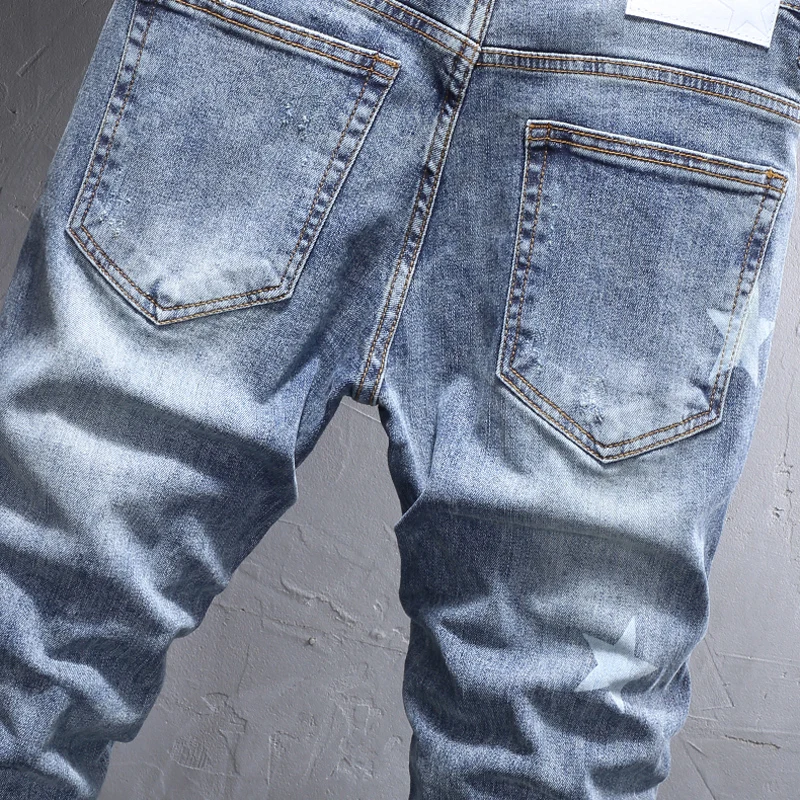 Street Fashion Men Jeans Retro Blue Elastic Stretch Slim Fit Ripped Jeans Men Stars Printed Designer Vintage Denim Pants Hombre