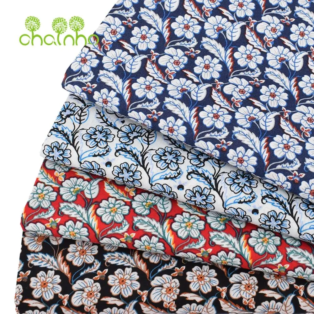 Chainho,Printed Plain Weave Poplin Cotton Fabric,DIY Sewing Quilting Material,Patchwork Cloth,Flower Series,4 Sizes,PCC73