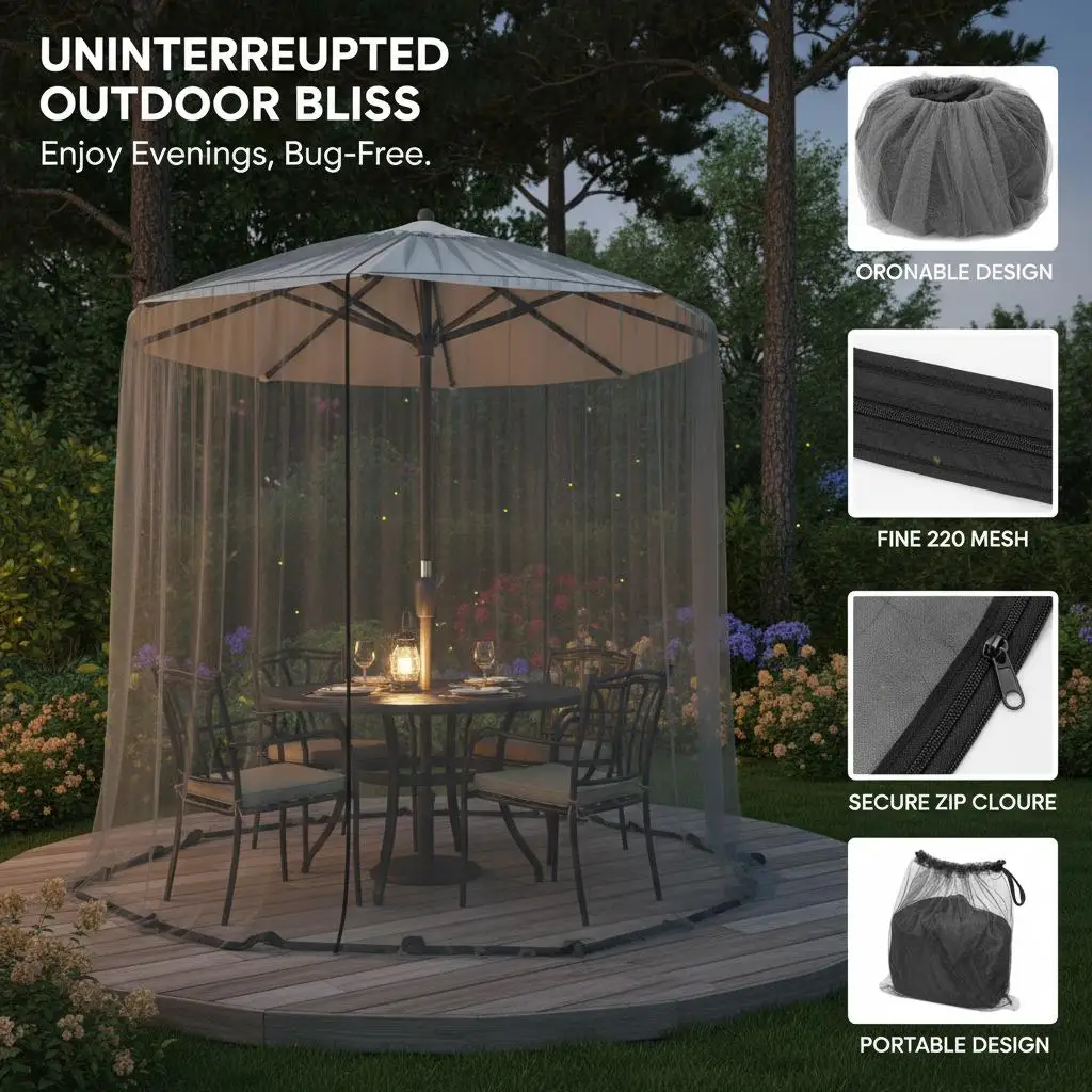 Runde Moskitonetz für Sonnenschirm 300cm, schwarze Netzstruktur 220 Löcher/Zoll² mit Blitzverschluss und Wassersack – Detail 5
