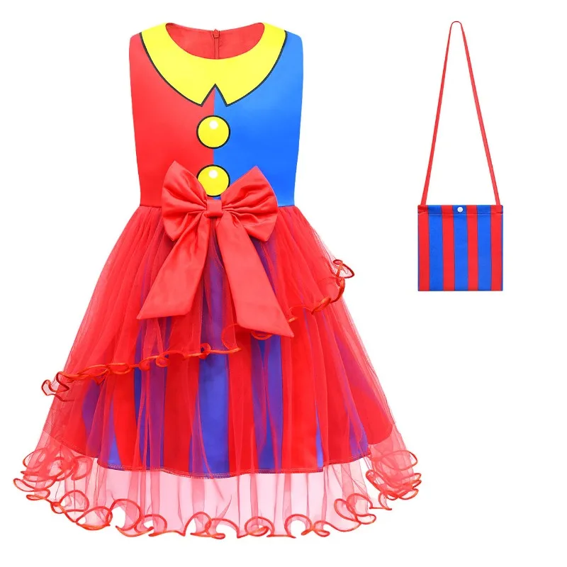 The Amazing Digital Circus Pomni Kids Cosplay Costume Girls Princess Dress Bag Mask Children Halloween Cartoon Summer Dress