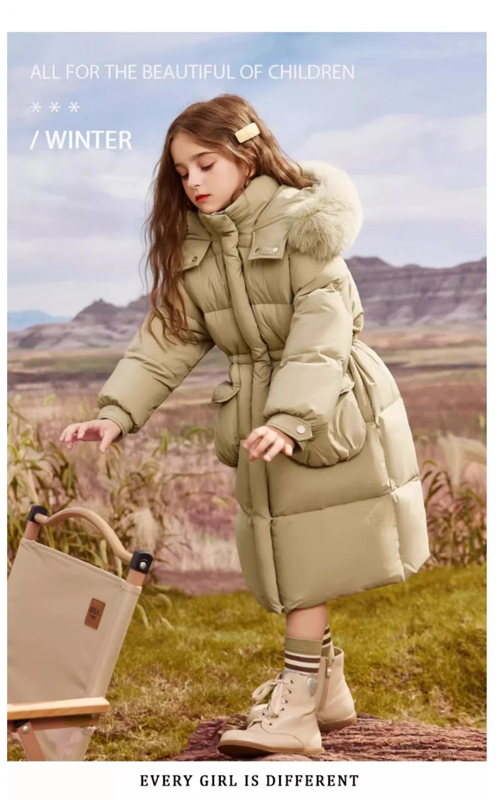 Girls' down padded jacket medium long coat 5-14 years old children's thick coat girl's woolen collar padded winter